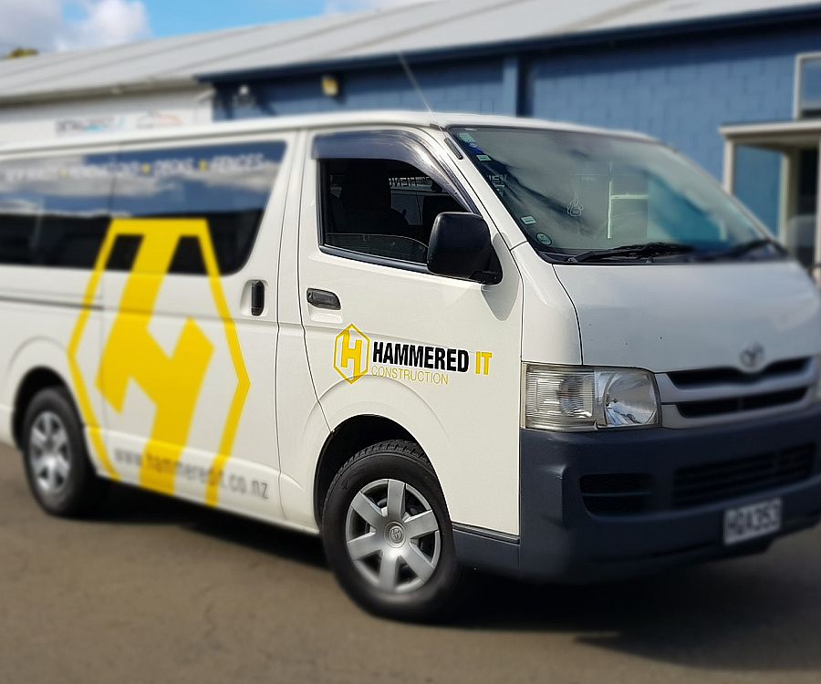 Two colour vinyl graphics on the side of the Hiace Van